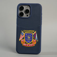 iPhone 15 Series Premium Leather Card Holder Case with Stitched Crest Design