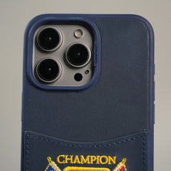 iPhone 15 Series Premium Leather Card Holder Case with Stitched Crest Design