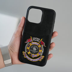 iPhone 15 Series Premium Leather Card Holder Case with Stitched Crest Design