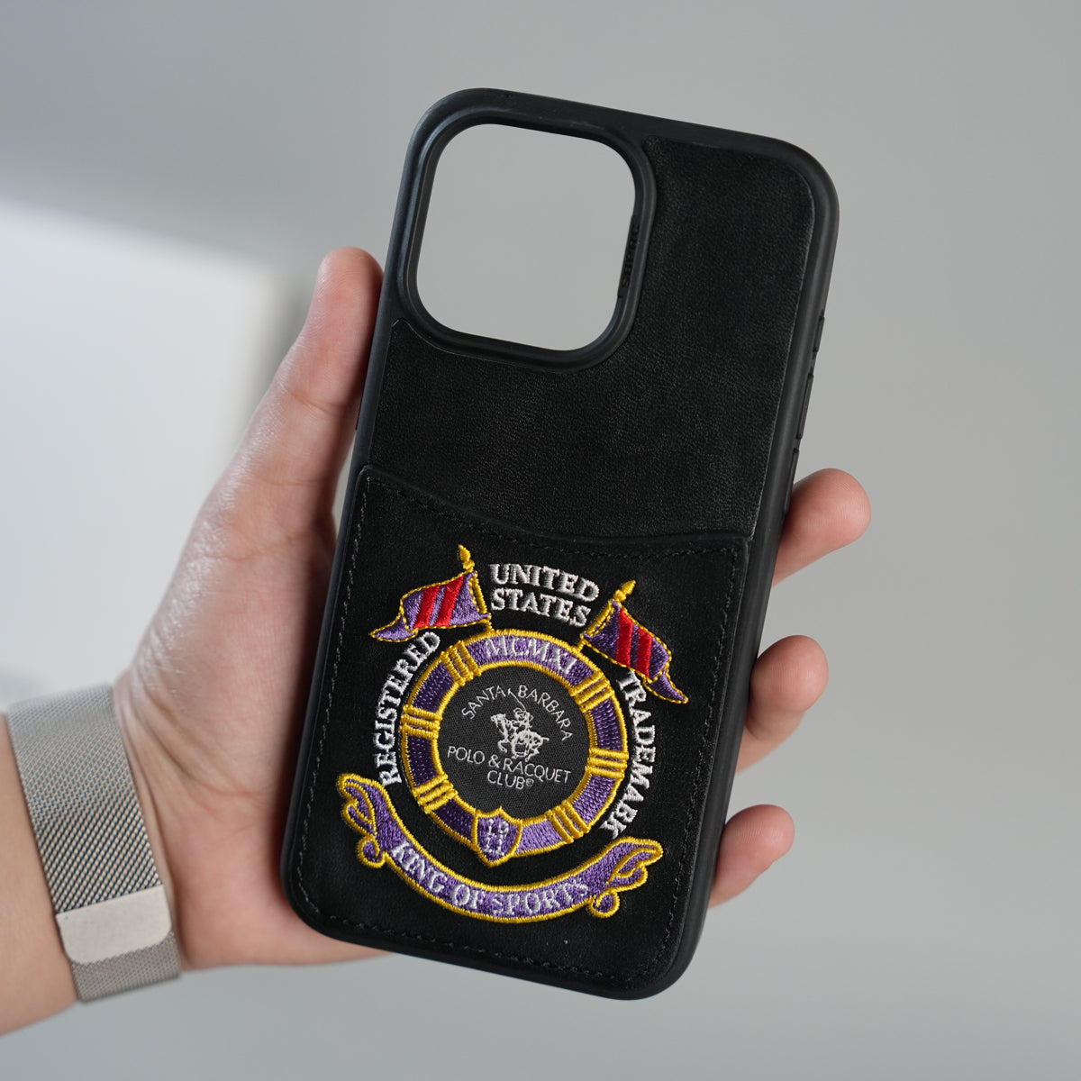 iPhone 15 Series Premium Leather Card Holder Case with Stitched Crest Design