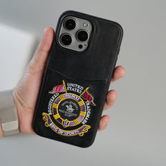 iPhone 15 Series Premium Leather Card Holder Case with Stitched Crest Design