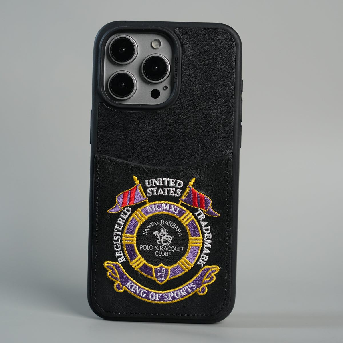 iPhone 15 Series Premium Leather Card Holder Case with Stitched Crest Design