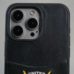 iPhone 15 Series Premium Leather Card Holder Case with Stitched Crest Design
