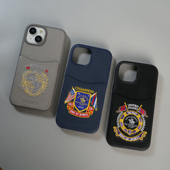 iPhone 15 Series Premium Leather Card Holder Case with Stitched Crest Design