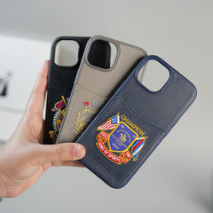 iPhone 15 Series Premium Leather Card Holder Case with Stitched Crest Design