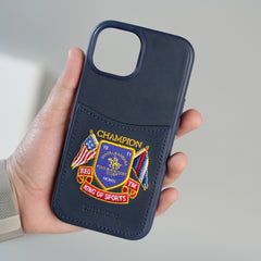 iPhone 15 Series Premium Leather Card Holder Case with Stitched Crest Design