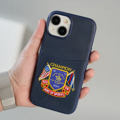 iPhone 15 Series Premium Leather Card Holder Case with Stitched Crest Design