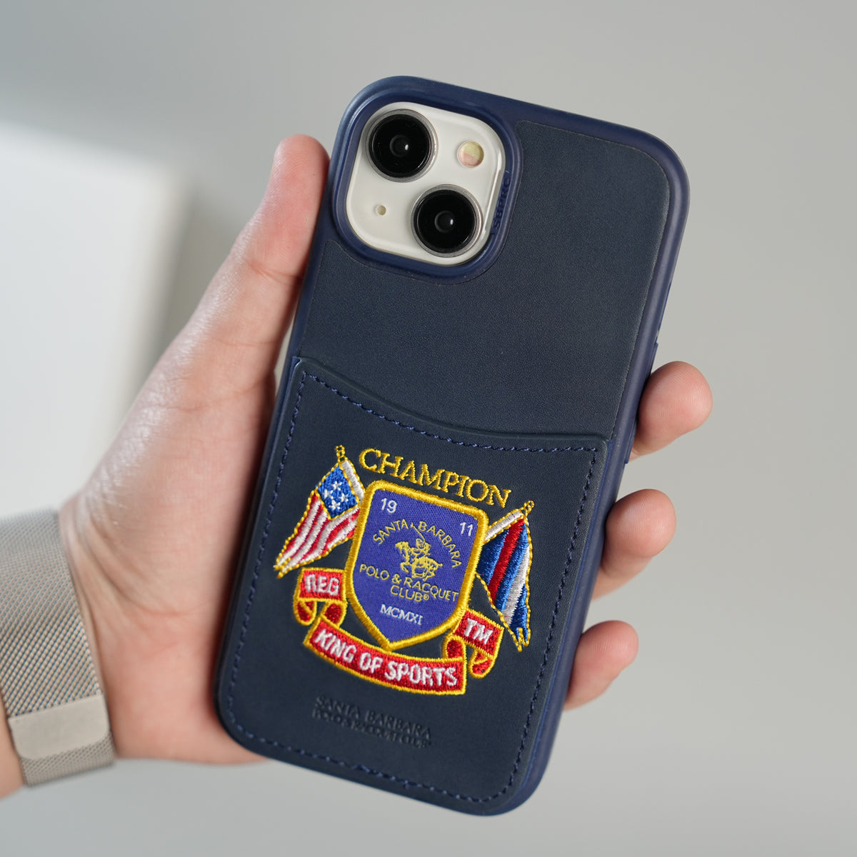iPhone 15 Series Premium Leather Card Holder Case with Stitched Crest Design