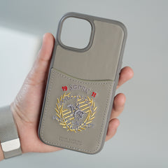 iPhone 15 Series Premium Leather Card Holder Case with Stitched Crest Design