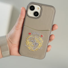 iPhone 15 Series Premium Leather Card Holder Case with Stitched Crest Design