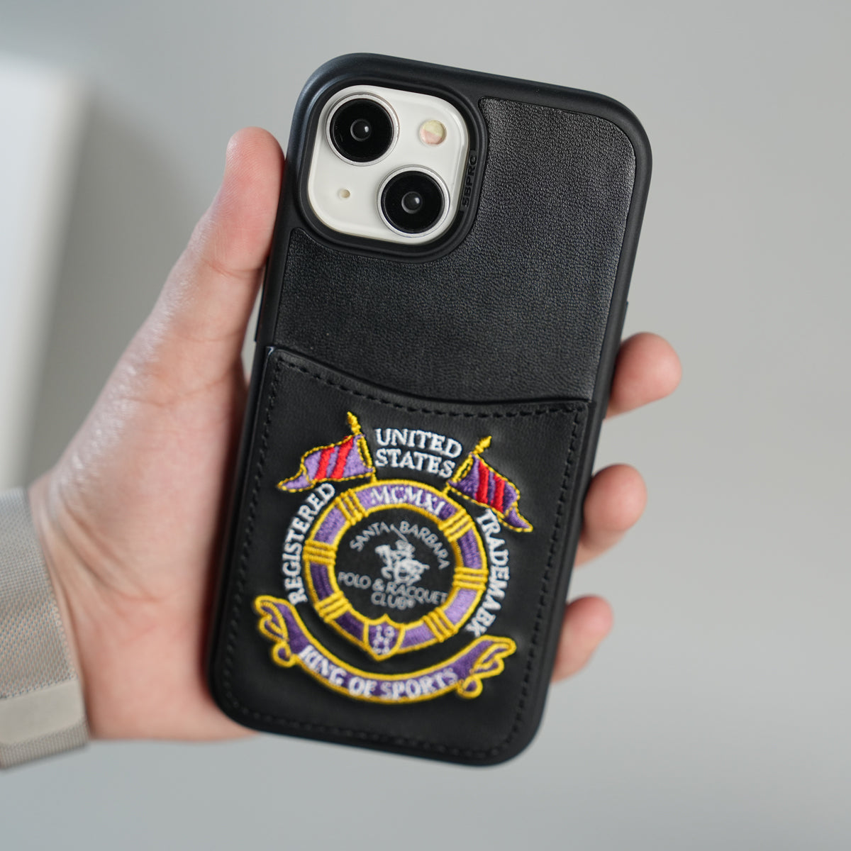 iPhone 15 Series Premium Leather Card Holder Case with Stitched Crest Design