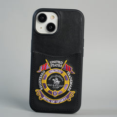 iPhone 15 Series Premium Leather Card Holder Case with Stitched Crest Design
