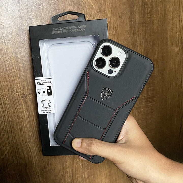iPhone 16 Series Ferrari Sports Car Logo Side Stitch Leather Cover Black