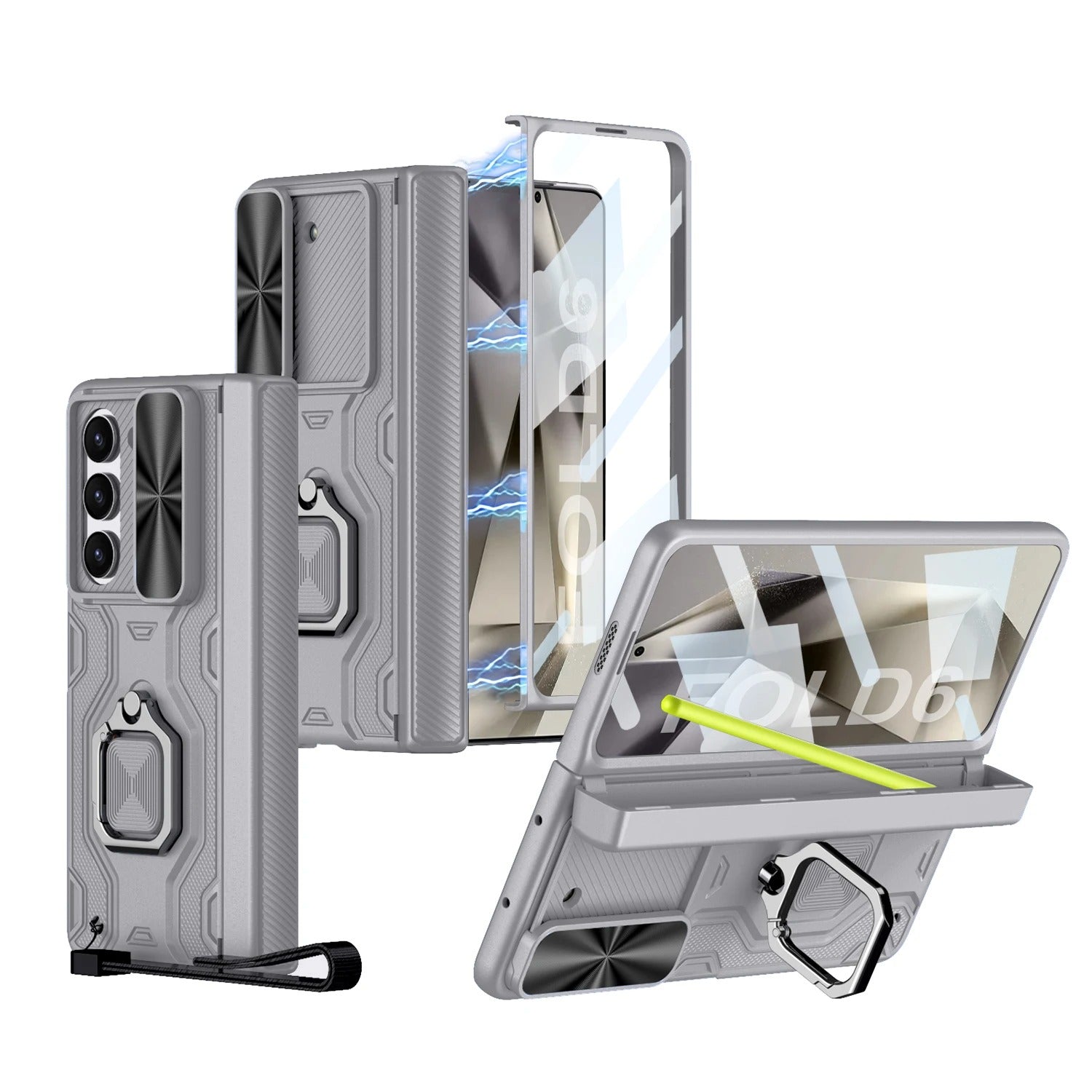 Samsung Galaxy Z Fold 6 Armor Magnetic Hinge Camera Protection Pen Holder Stand With Film Cover