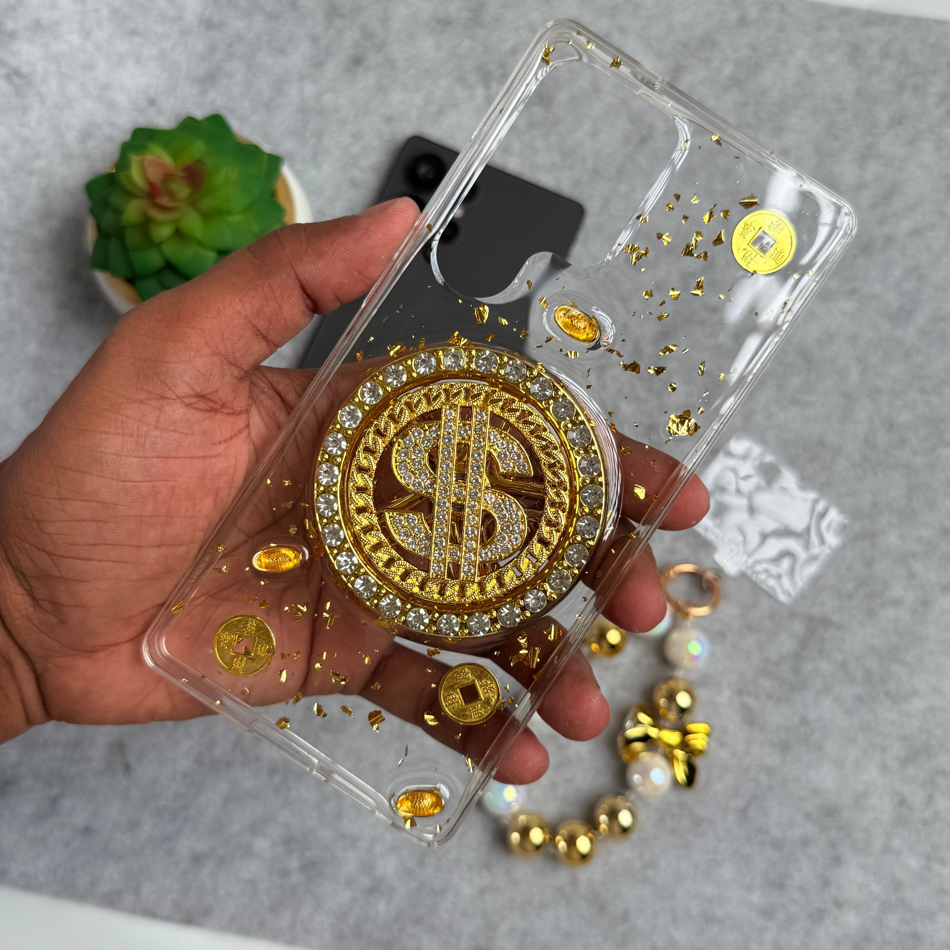 Samsung Galaxy S24 Ultra Rotation Dollar Bracelet Wristband Chain Phone Case Cover