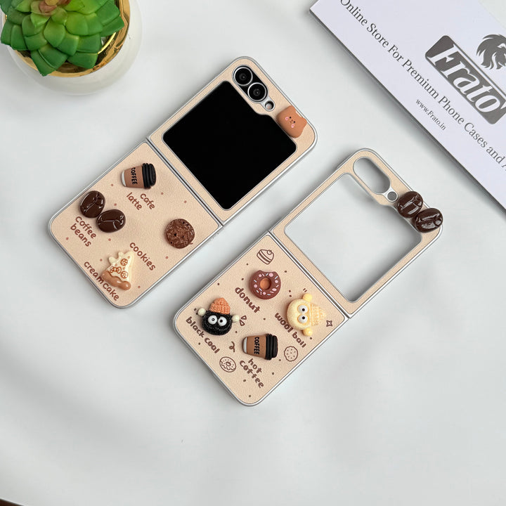 Samsung Galaxy Z Flip 6 Donut Wool Coal Coffee Teddy Cover With Charm Holder