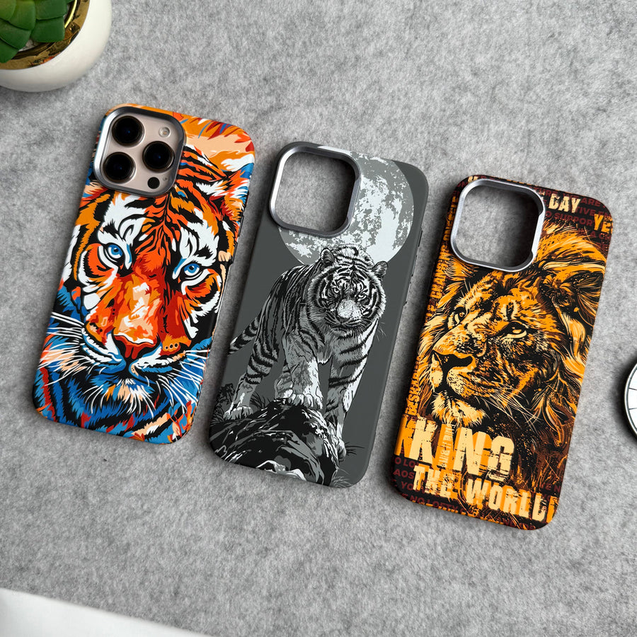 iPhone Series Carbon Fiber Texture Tiger Lion Design Hard Pc MagSafe Case Cover