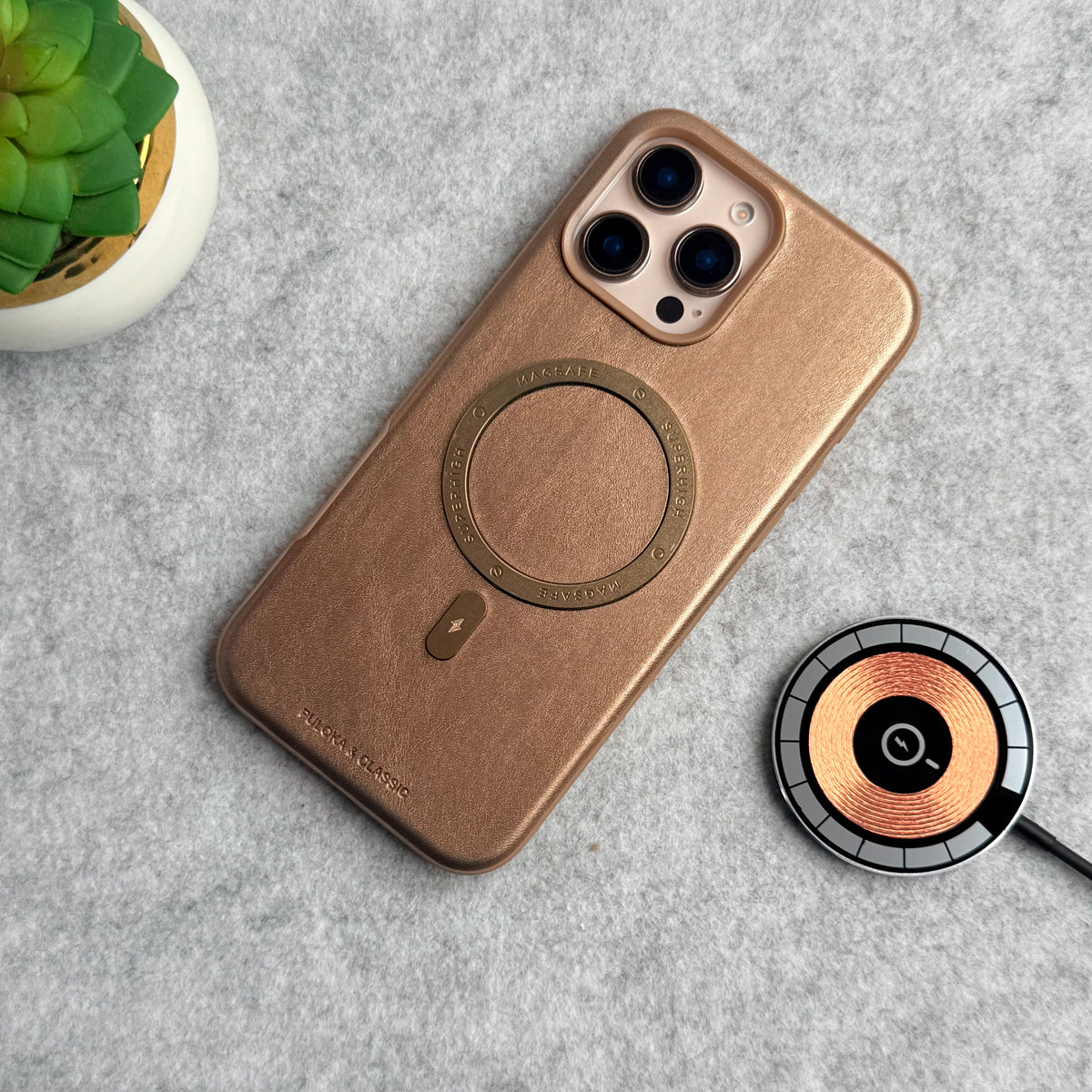 iPhone 16 Pro Max Premium PU Leather Metal MagSafe Ring Case Golden