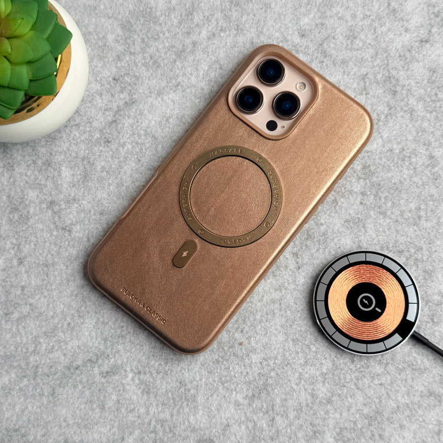 iPhone 16 Pro Premium PU Leather Metal MagSafe Ring Case Golden