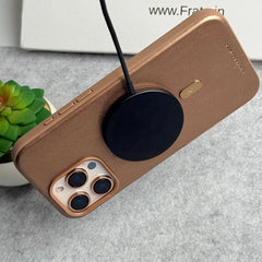 iPhone 16 Pro Premium PU Leather Metal MagSafe Ring Case Golden