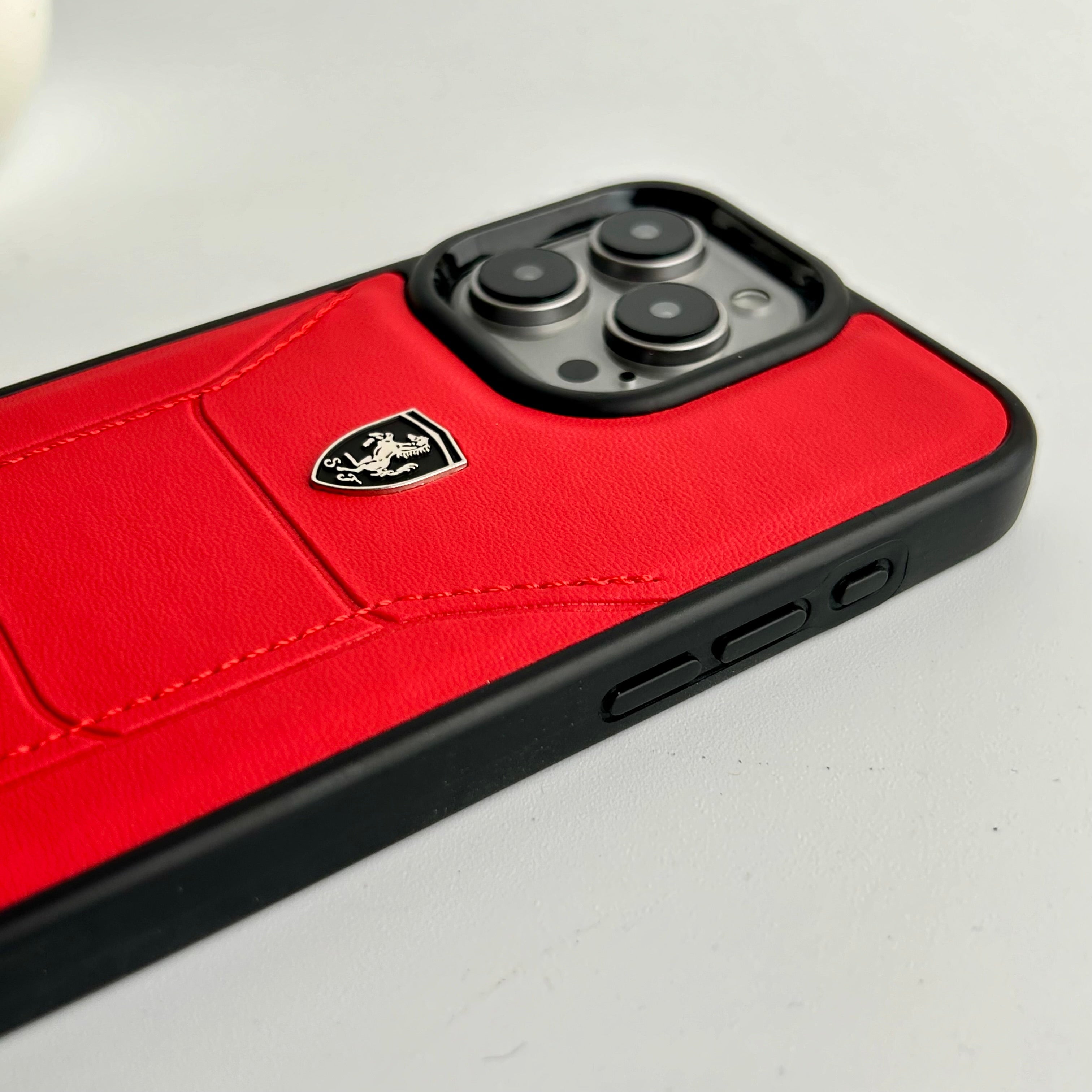 iPhone 15 Series FR Stitched PU Leather Case Cover (Red)