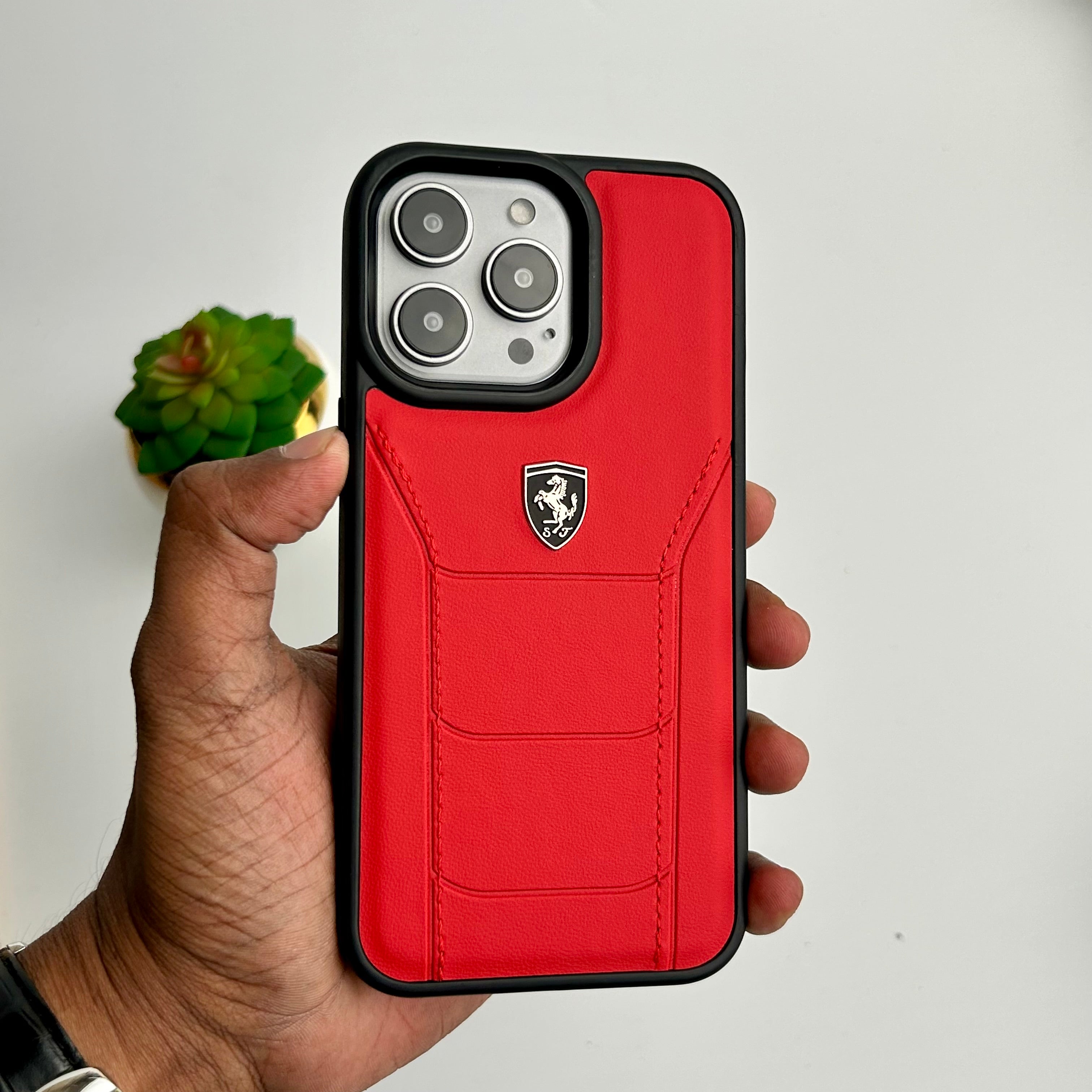 iPhone 15 Series FR Stitched PU Leather Case Cover (Red)