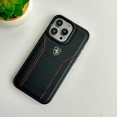 iPhone 15 Series FR Stitched PU Leather Case Cover (Black)