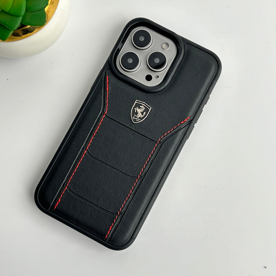 iPhone 15 Series FR Stitched PU Leather Case Cover (Black)