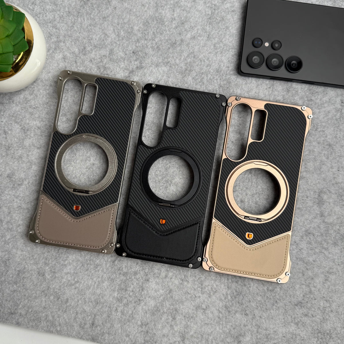 Samsung Galaxy Ultra Series Premium Carbon Leather aluminium Metal Snap On Rotating Stand case