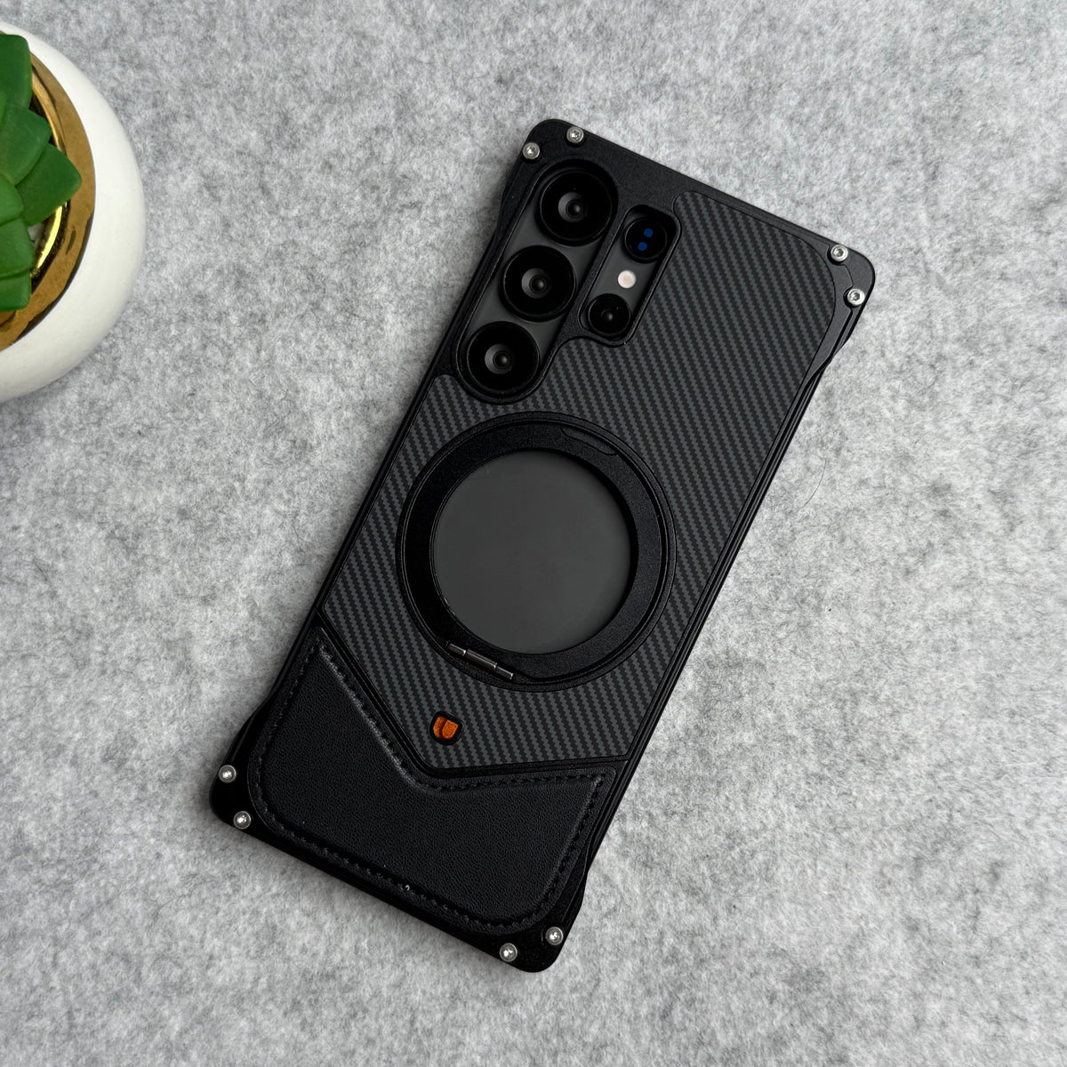 Samsung Galaxy Ultra Series Premium Carbon Leather aluminium Metal Snap On Rotating Stand case