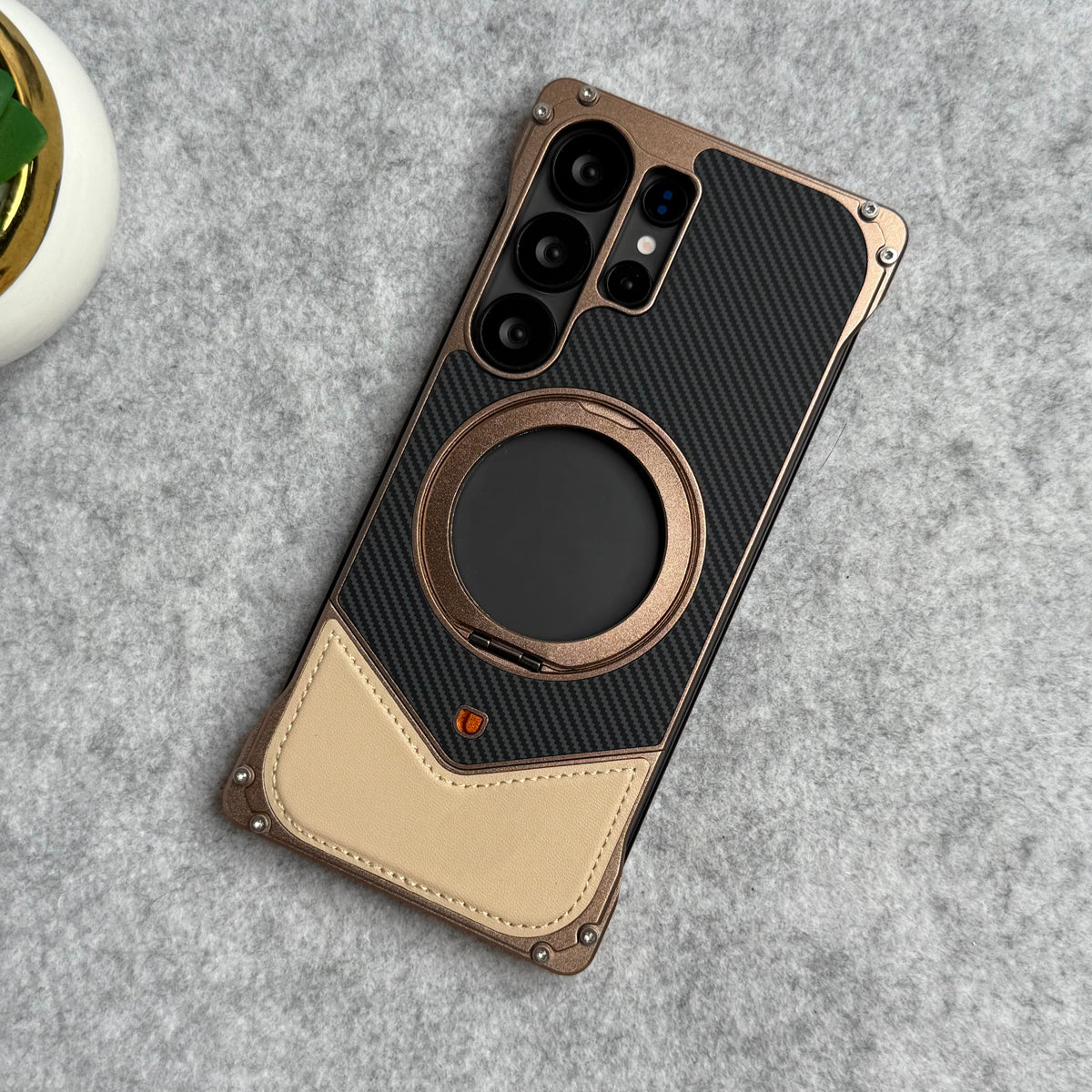 Samsung Galaxy Ultra Series Premium Carbon Leather aluminium Metal Snap On Rotating Stand case