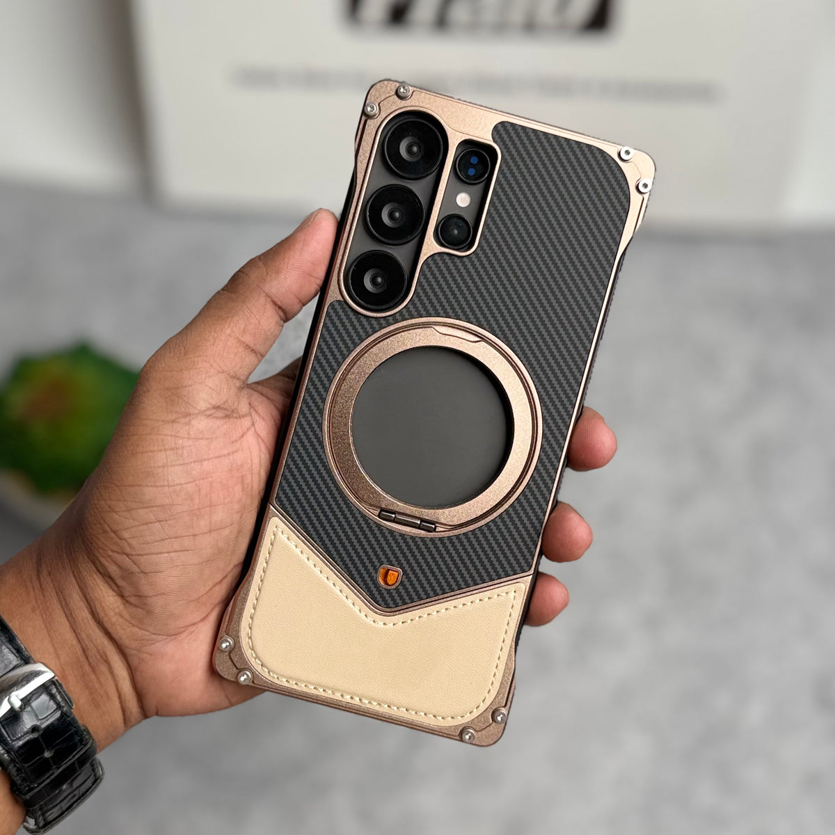 Samsung Galaxy Ultra Series Premium Carbon Leather aluminium Metal Snap On Rotating Stand case
