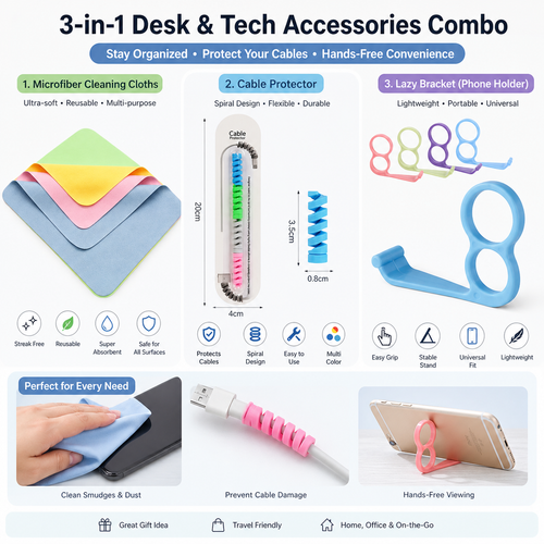 Combo 3-in-1 Desk & Mobile Accessories Combo | Microfiber Cleaning Cloth + Cable Protector + Mobile Phone Holder Stand | Travel Friendly Tech Essentials Kit for Home Office & Daily Use