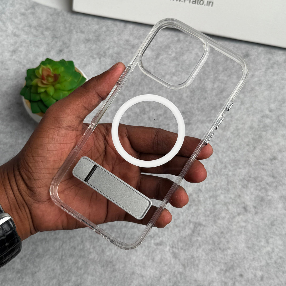 iPhone 15 Series Transparent Bottom Metal Stand MagSafe Supported Case Cover