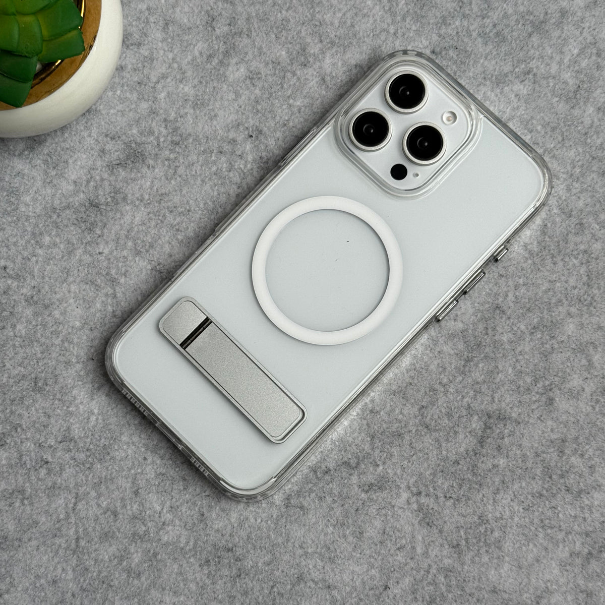 iPhone 15 Series Transparent Bottom Metal Stand MagSafe Supported Case Cover