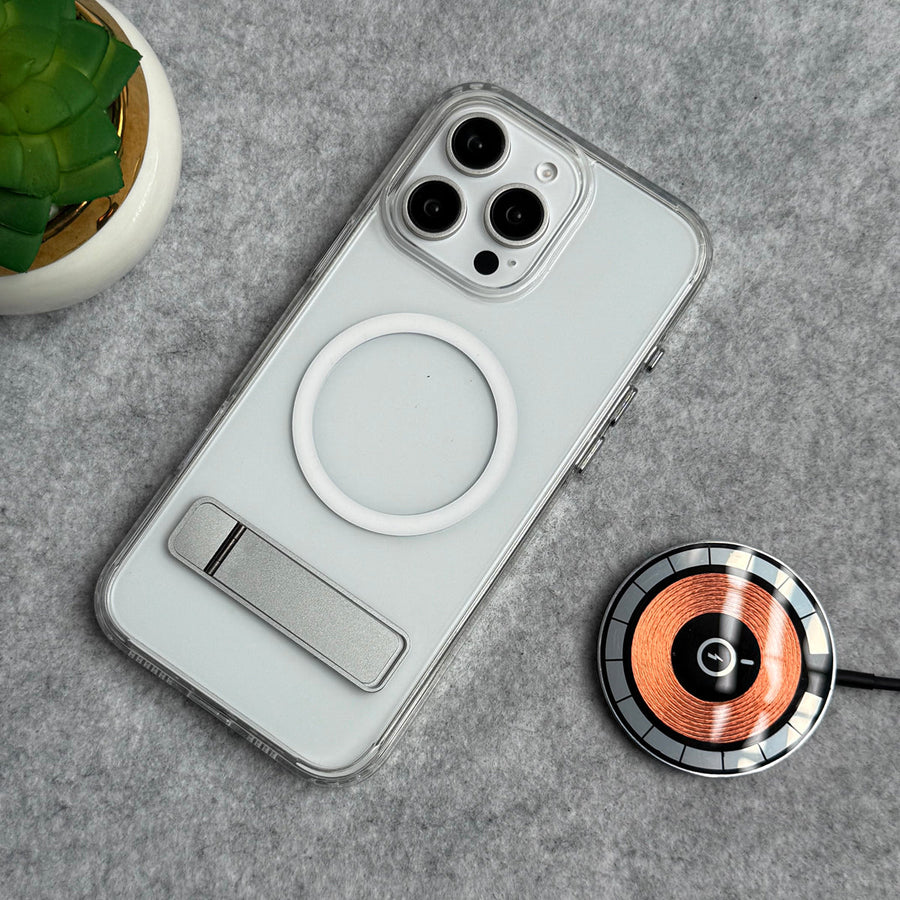iPhone 15 Series Transparent Bottom Metal Stand MagSafe Supported Case Cover