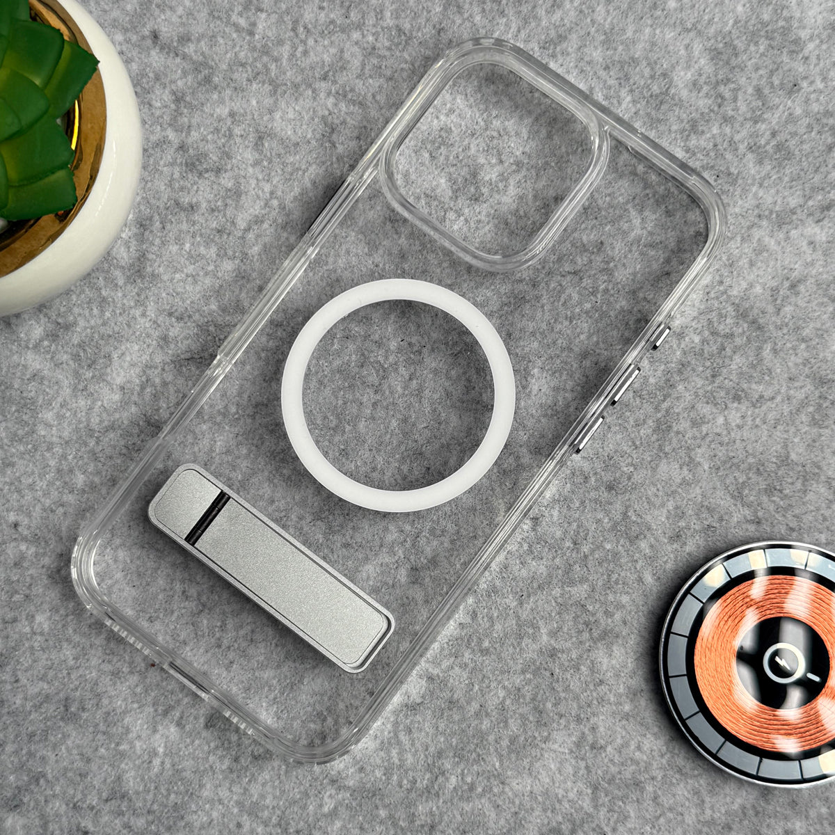 iPhone 15 Series Transparent Bottom Metal Stand MagSafe Supported Case Cover