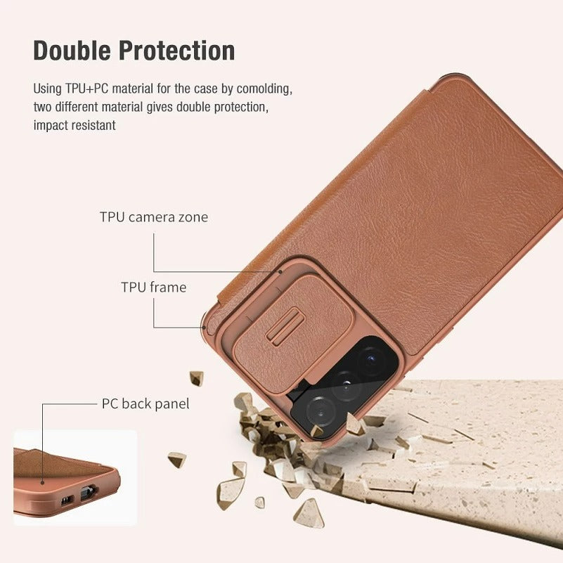 Galaxy S22 Ultra Camera Protection QIN Leather Flip Case (Brown)