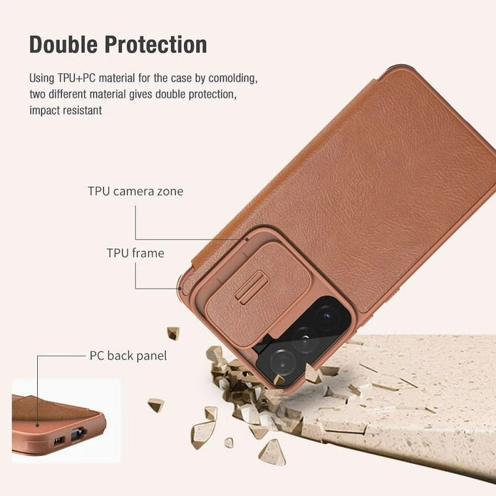 Galaxy S22 Ultra Camera Protection QIN Leather Flip Case (Brown)