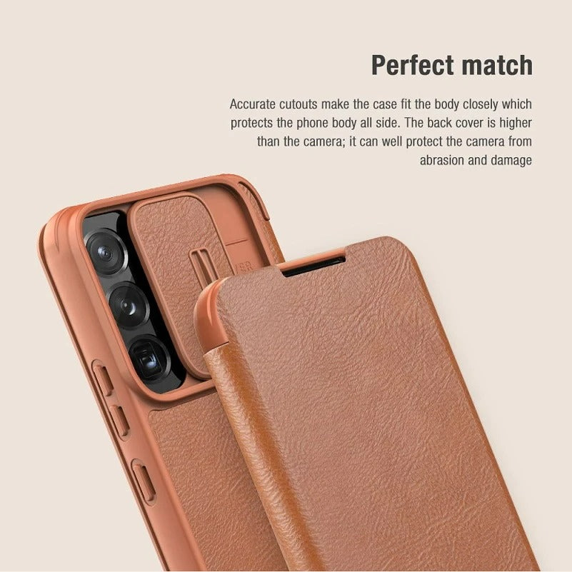 Galaxy S22 Ultra Camera Protection QIN Leather Flip Case (Brown)