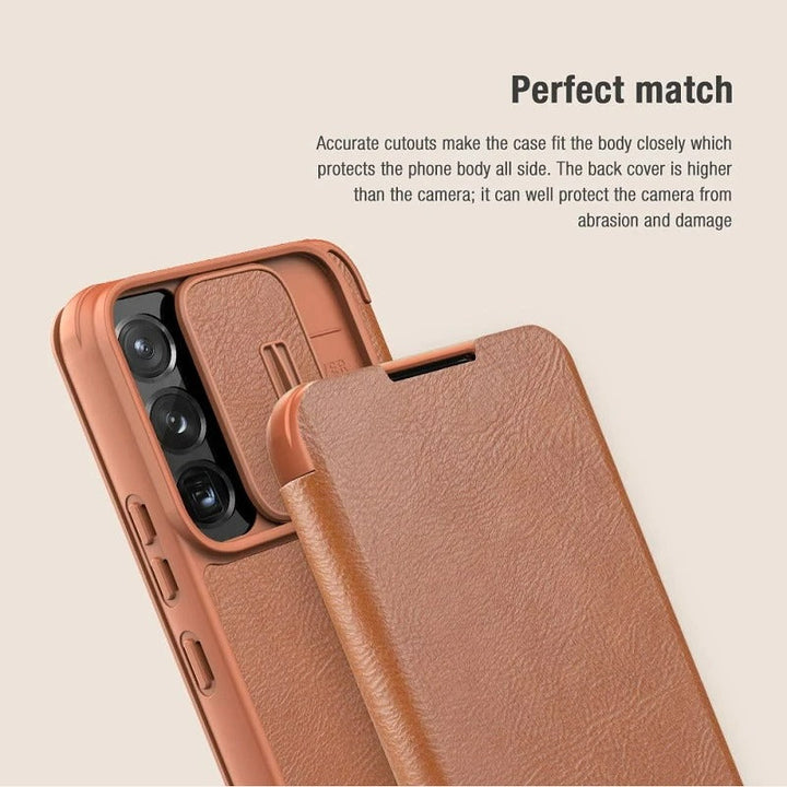 Galaxy S22 Ultra Camera Protection QIN Leather Flip Case (Brown)