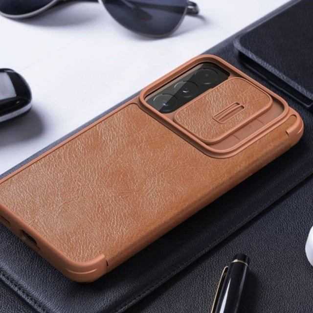 Galaxy S22 Ultra Camera Protection QIN Leather Flip Case (Brown)