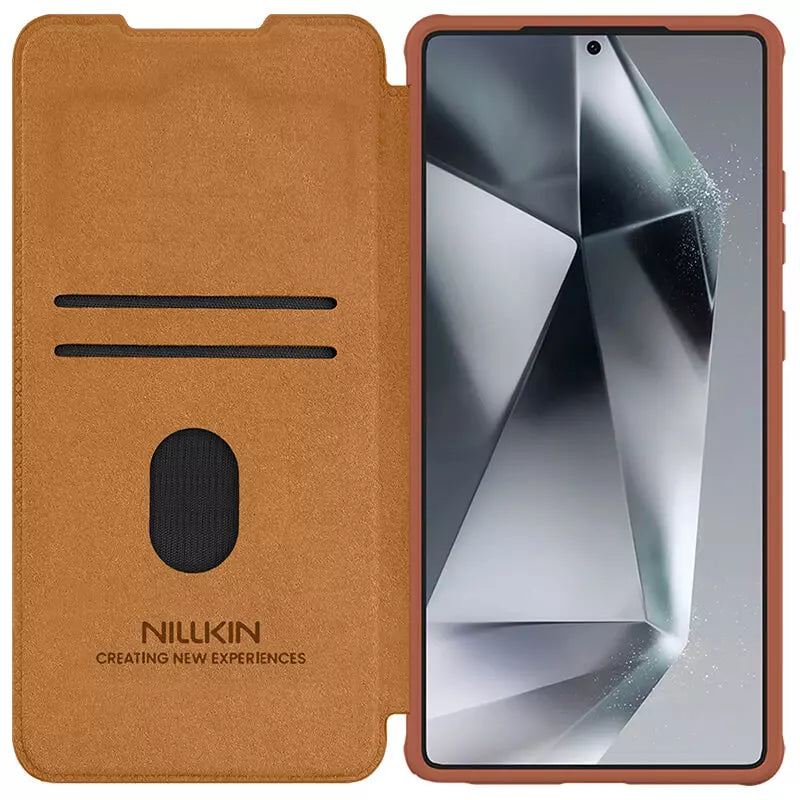 Samsung Galaxy S25 Ultra Camera Protection Nillkin Qin Prop Leather Flip Cover Brown