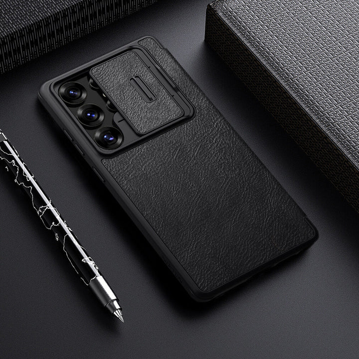 Samsung Galaxy S25 Ultra Camera Protection Nillkin Qin Prop Leather Flip Cover Black