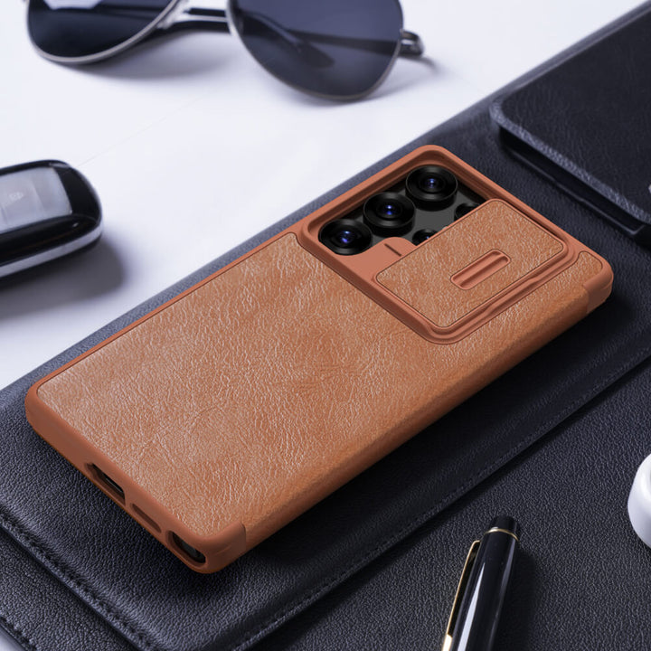 Samsung Galaxy S25 Ultra Camera Protection Nillkin Qin Prop Leather Flip Cover Brown
