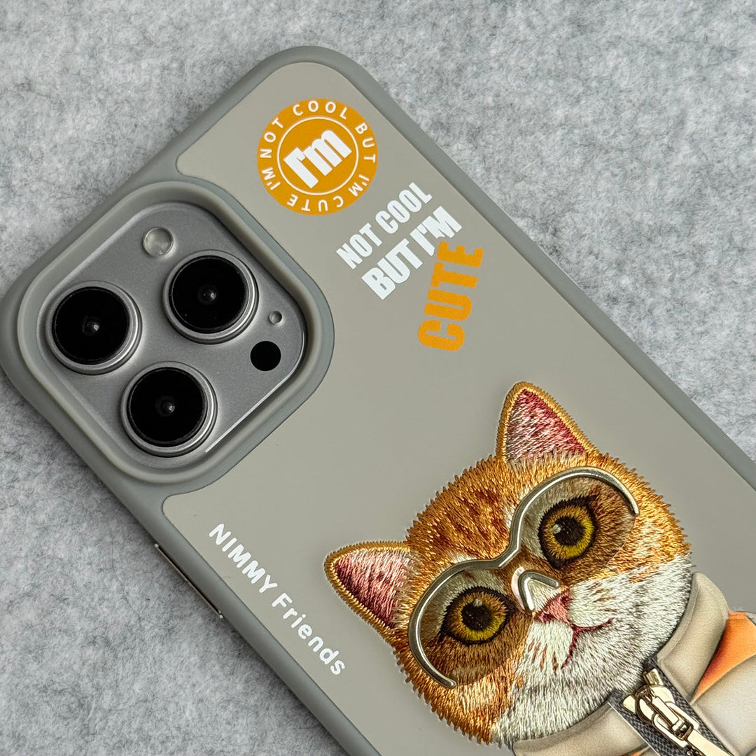 iPhone 16 Pro Max / iPhone 16 Pro 3D Embroidery Cat Gray Zipper Jacket Case