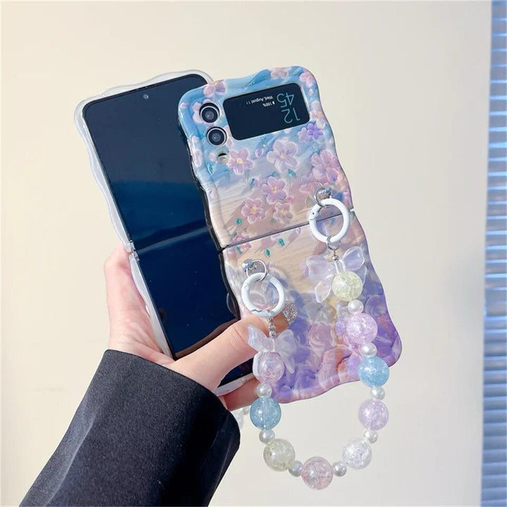 Samsung Galaxy Z Flip 5 Floral Print Glossy Case With Crystal Pearl Chain