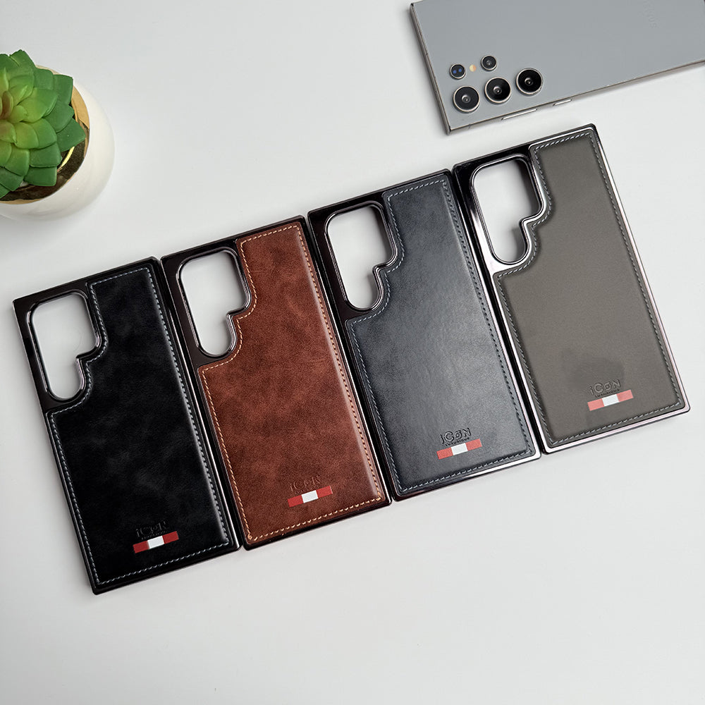 Samsung Galaxy S24 Ultra Textured Premium PU Leather Side Chrome Case Cover