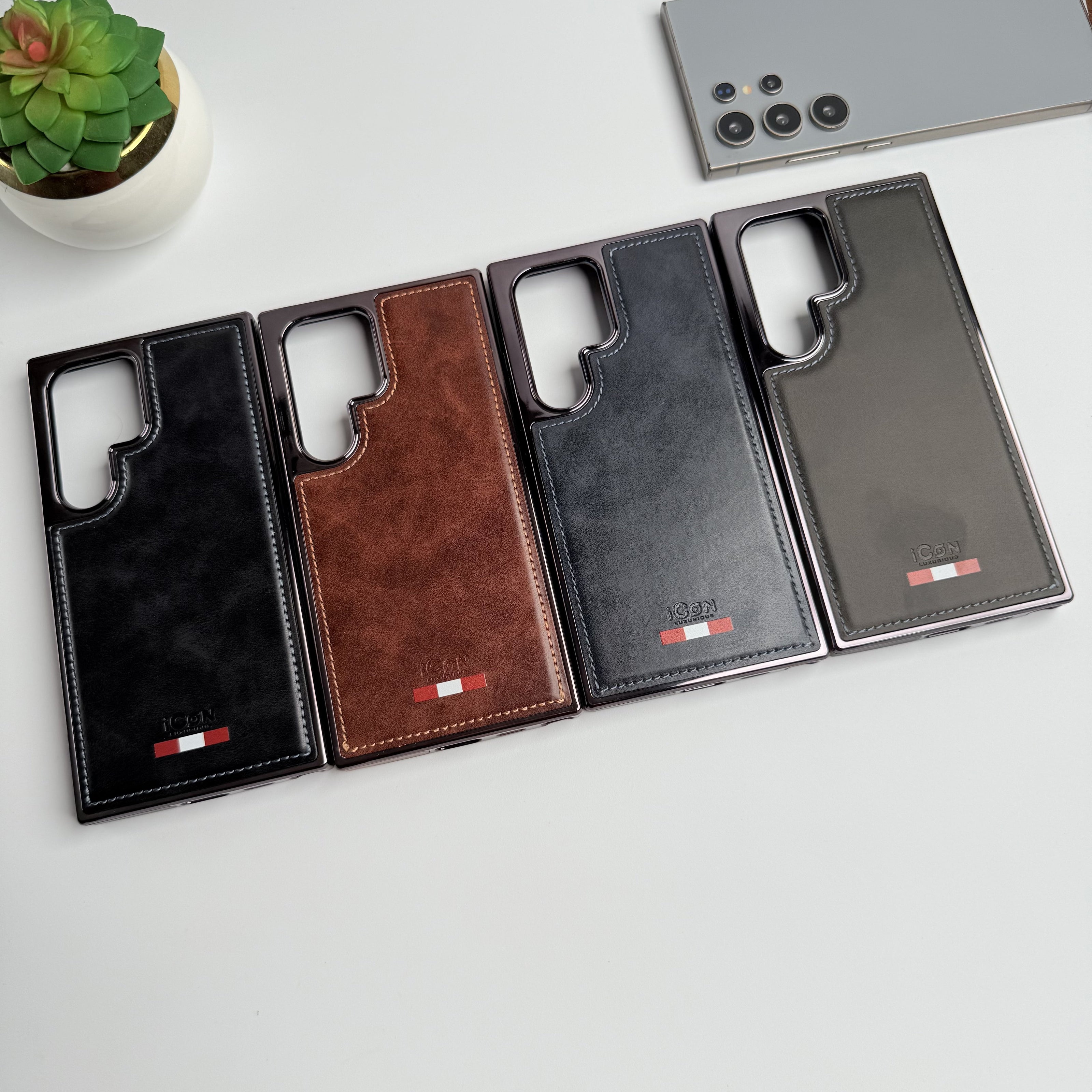 Samsung Galaxy S24 Ultra Textured Premium PU Leather Side Chrome Case Cover