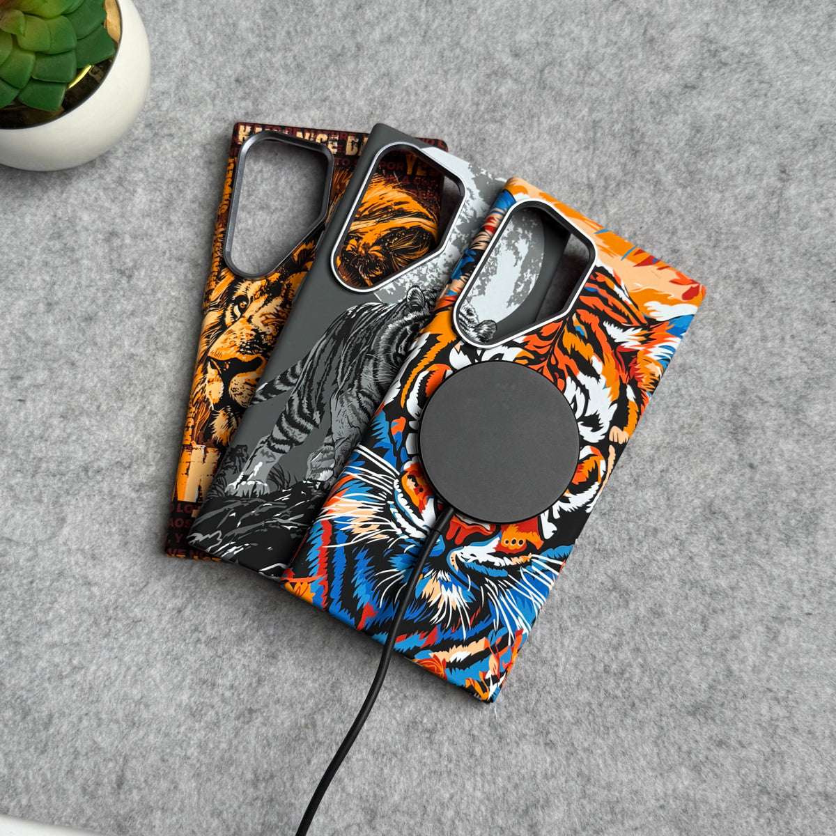 Samsung Galaxy S23 Ultra Carbon Fiber Texture Tiger Lion Design Hard Pc MagSafe Case Cover